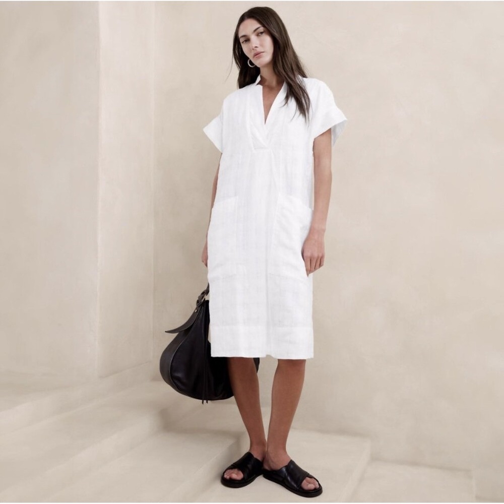 Banana Republic Laurel Linen Cotton Utility Dress V-neck Cover Up Medium White